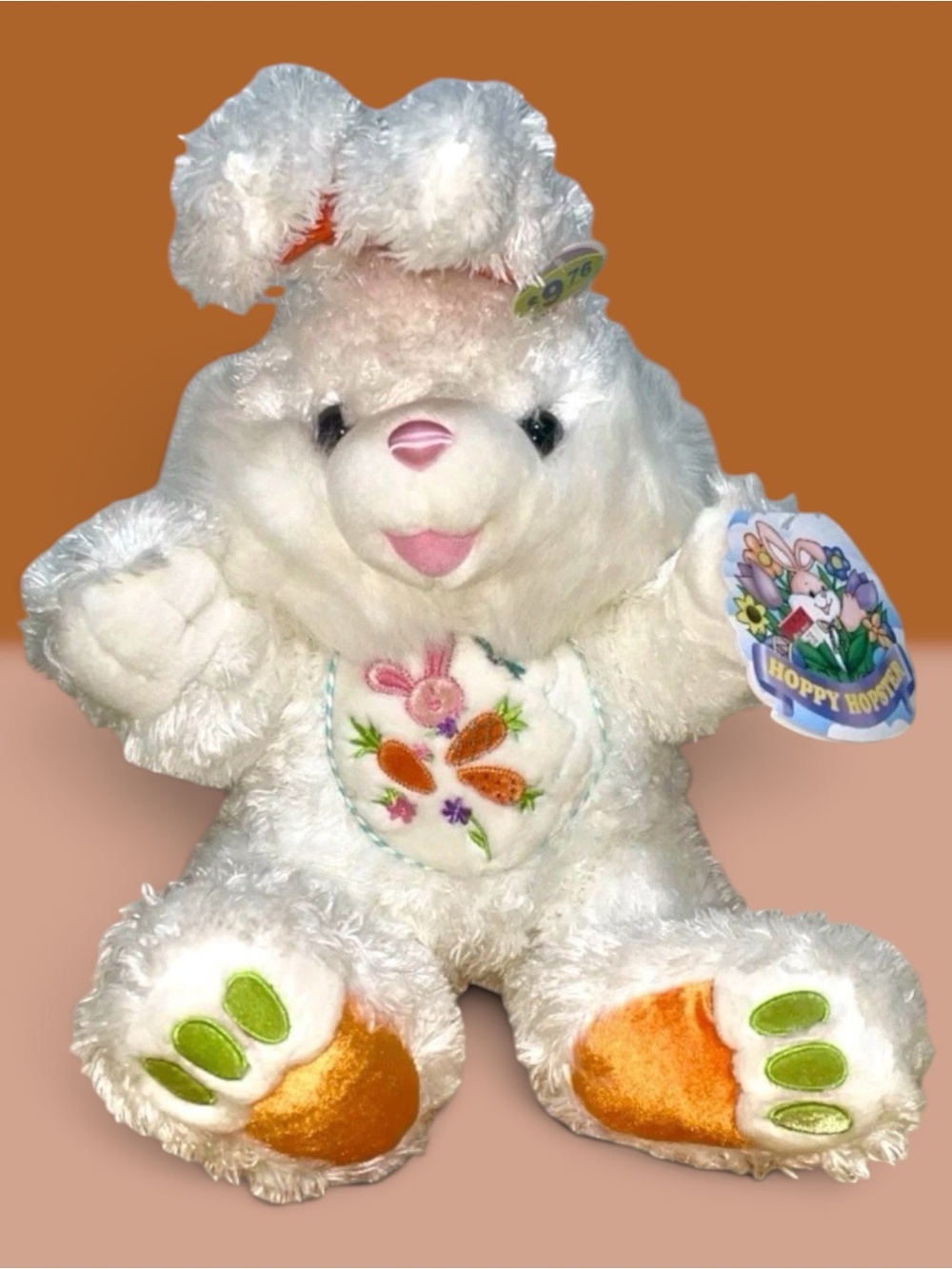 Vintage Hoppy Hopster White Easter Bunny Plush with Carrot Bib 24โ